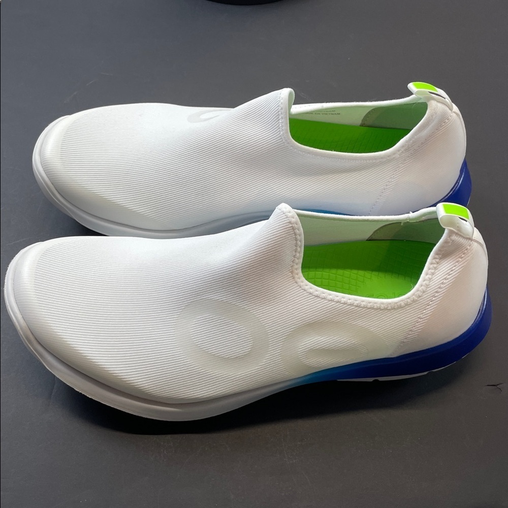 OOFOS OOmg White Slip On Shoes Green Interior Walking Comfort Mens Sz 12.5 - Picture 5 of 9